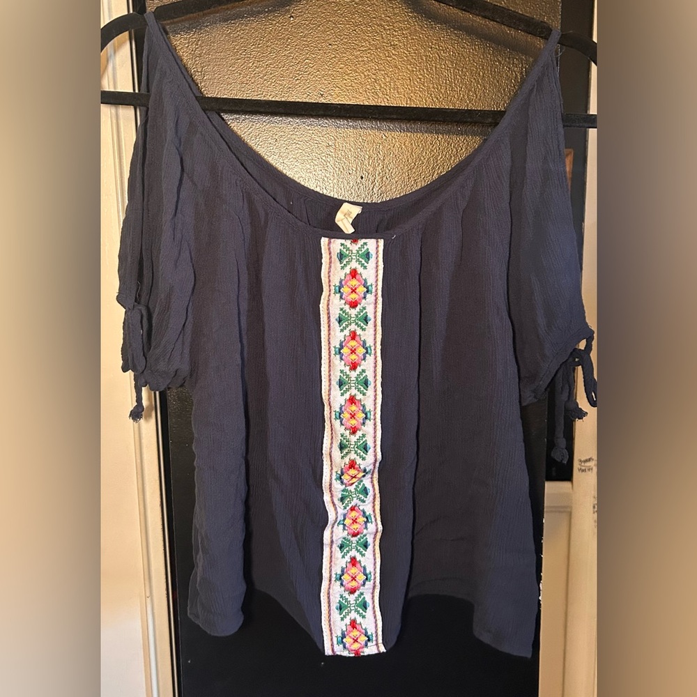 Navy Blue Embroidered Women's Top Boho Whimsigoth hippie Large
